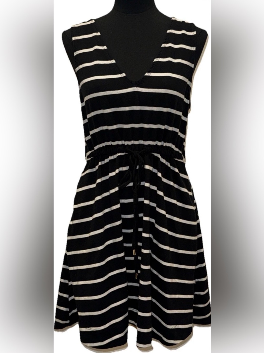 Loft 100% Cotton Sleeveless Black/White Striped Dress, Adjustable Waist, Medium